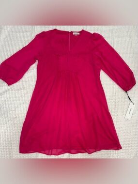 NWT Calvin Klein Hot Pink Pleated V Neck Chiffon Dress 3/4 Sleeve Size 12